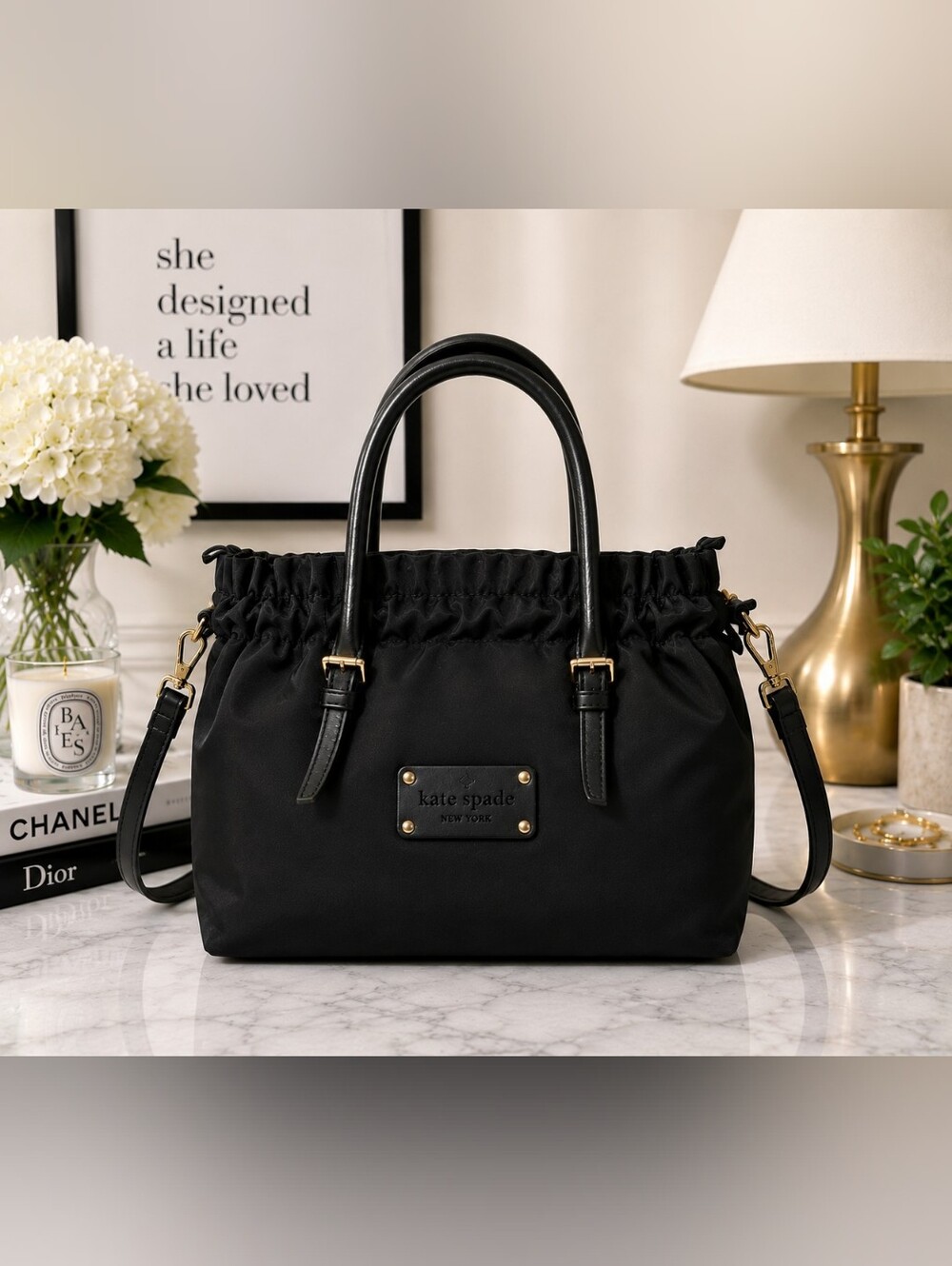 Kate Spade Black Ruched Top Tote